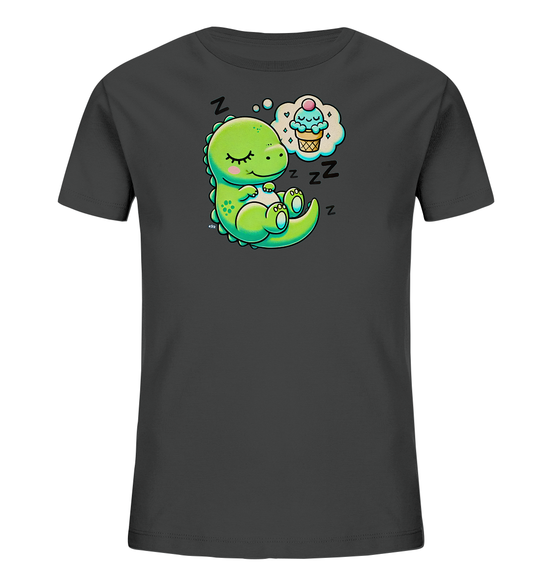 Onlineshop Shirts fuer Kinder - Das Bild zeigt ein dunkelgraues Kinder-T-Shirt mit einem niedlichen Aufdruck. Ein kleiner gruener Cartoon-Dinosaurier liegt schlafend auf dem Shirt. Über seinem Kopf ist eine Sprechblase mit einem laechelnden Eiscreme-Cornet zu sehen. Mehrere 'Z'-Symbole umgeben den schlafenden Dinosaurier und zeigen seine Traeume an.