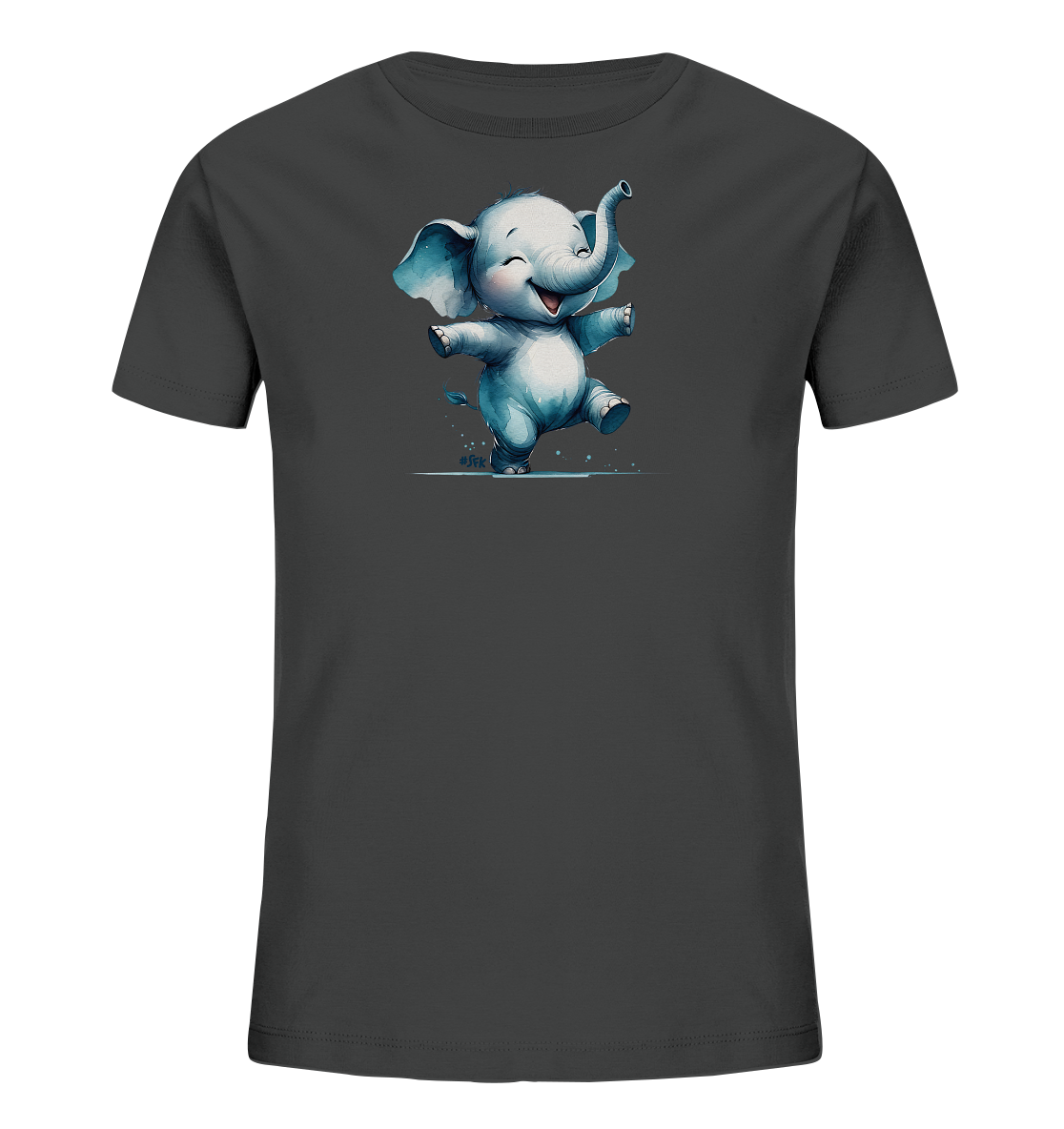 Onlineshop Shirts fuer Kinder - Dieses dunkelgraue T-Shirt fuer Kinder zeigt eine niedliche Illustration eines Elefanten. Der Elefant ist in einem hellblauen Farbton gehalten und scheint zu tanzen oder zu springen, mit ausgestreckten Armen und Beinen. Er hat ein breites Laecheln und grosse Ohren, was dem Motiv einen froehlichen und verspielten Charakter verleiht. Die Grafik ist detailreich und auf der Vorderseite des Shirts platziert.