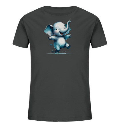 Onlineshop Shirts fuer Kinder - Dieses dunkelgraue T-Shirt fuer Kinder zeigt eine niedliche Illustration eines Elefanten. Der Elefant ist in einem hellblauen Farbton gehalten und scheint zu tanzen oder zu springen, mit ausgestreckten Armen und Beinen. Er hat ein breites Laecheln und grosse Ohren, was dem Motiv einen froehlichen und verspielten Charakter verleiht. Die Grafik ist detailreich und auf der Vorderseite des Shirts platziert.