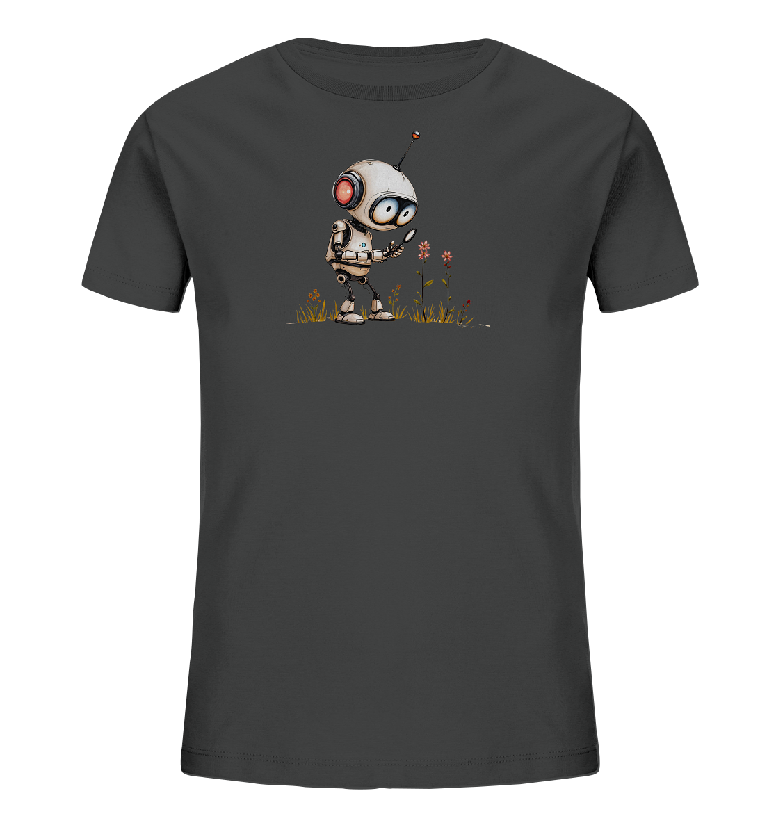 Onlineshop Shirts für Kinder - Das Bild zeigt ein dunkelgraues T-Shirt für Kinder. Auf der Vorderseite befindet sich eine detaillierte Illustration eines kleinen, weißen Cartoon-Roboters. Der Roboter steht in einer Wiese mit einigen kleinen Blumen und betrachtet eine davon mit einer Lupe. Dieses verspielte Design vermittelt eine neugierige und entdeckungsfreudige Stimmung und ist ein Blickfang auf dem Shirt.