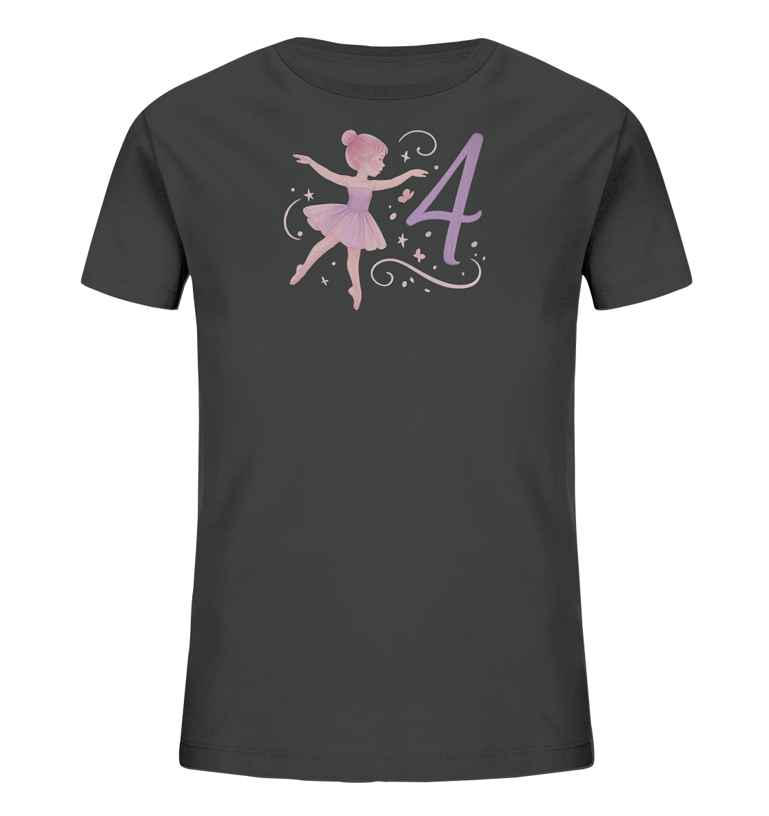 Onlineshop Shirts fuer Kinder - Das Bild zeigt ein dunkelgraues T-Shirt fuer Kinder. Auf der Vorderseite ist eine Illustration einer kleinen Ballerina in pinkem Tutu abgebildet, die gerade tanzt. Neben ihr steht eine grosse Zahl '4' in einem Lilaton. Das Design ist mit verspielten Sternen, Schmetterlingen und Schnoerkeln verziert.