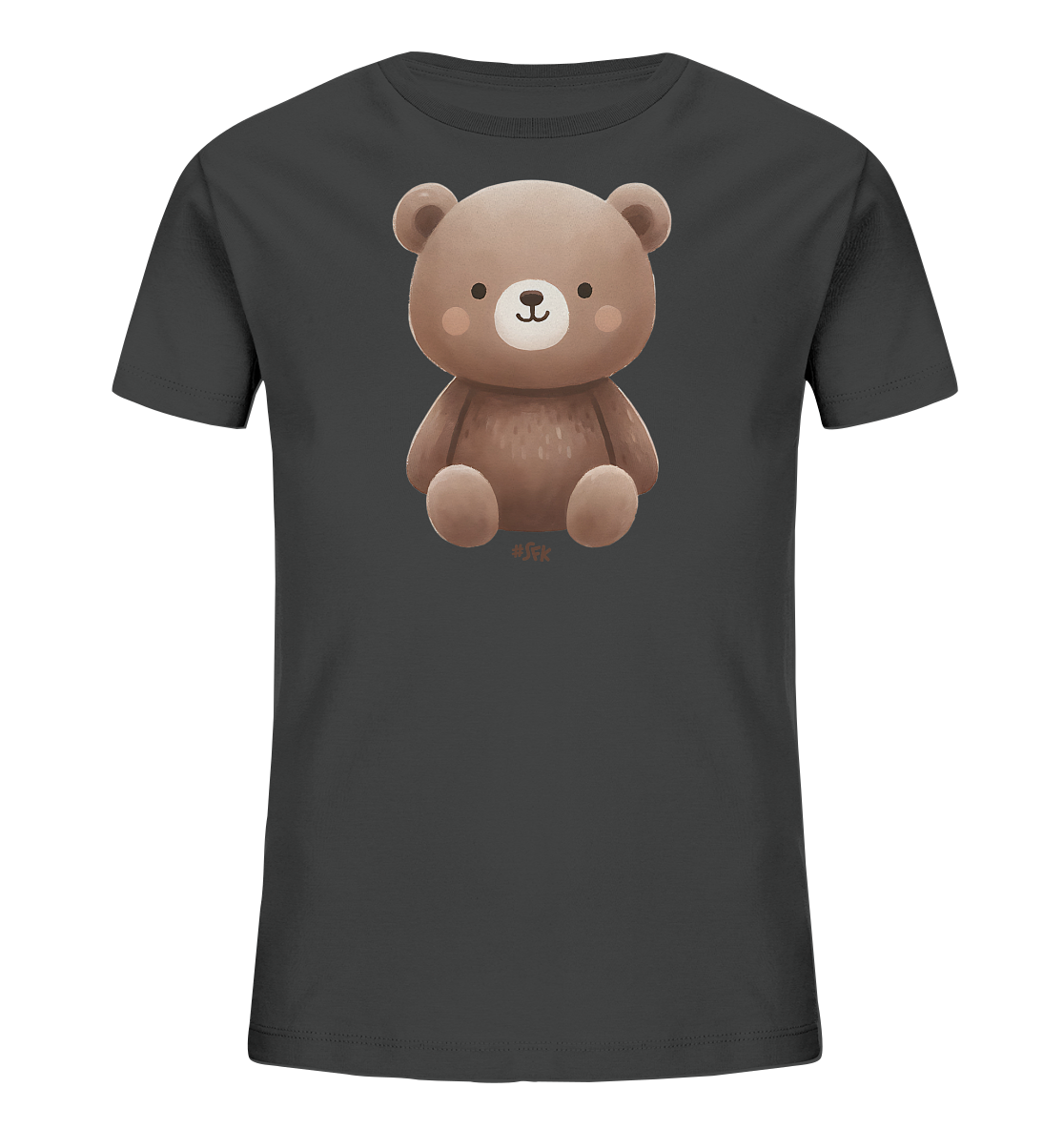 Onlineshop Shirts fuer Kinder - Das Bild zeigt ein dunkelgraues T-Shirt mit einer niedlichen Illustration. Auf der Vorderseite ist ein sitzender Teddybaer in warmen Brauntoenen abgebildet. Der Baer hat ein freundliches Laecheln und runde Formen.