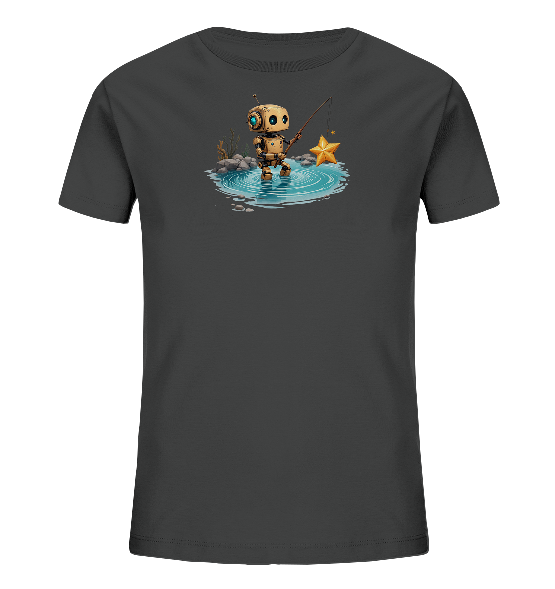 Onlineshop Shirts für Kinder - Das Bild zeigt ein dunkelgraues T-Shirt für Kinder. Auf der Vorderseite ist eine detaillierte Illustration eines kleinen, freundlichen Roboters zu sehen, der in einer Pfütze steht und fischt. An seiner Angelrute hat der Roboter anstelle eines Fisches einen leuchtend goldenen Stern gefangen, was dem Motiv eine fantasievolle Note verleiht. Die Szene ist mit kleinen Steinen und Pflanzen am Rand der Pfütze gestaltet und wirkt insgesamt sehr charmant und spielerisch.