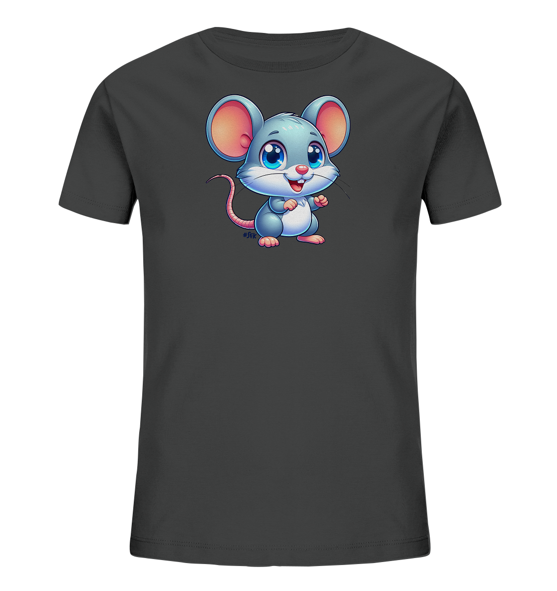 Onlineshop Shirts fuer Kinder - Das Bild zeigt ein anthrazitfarbenes T-Shirt fuer Kinder mit einem grossen, mittig platzierten Cartoon-Motiv. Das Motiv ist eine niedliche hellgraue Maus mit grossen rosa Ohren, blauen Augen und einem freundlichen Laecheln. Die Maus steht aufrecht mit ihren Pfoten nach vorne geneigt und hat einen langen rosa Schwanz. Dieses Design ist kindgerecht und ansprechend gestaltet.