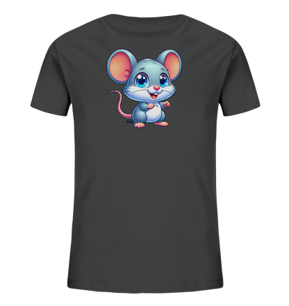 Onlineshop Shirts fuer Kinder - Das Bild zeigt ein anthrazitfarbenes T-Shirt fuer Kinder mit einem grossen, mittig platzierten Cartoon-Motiv. Das Motiv ist eine niedliche hellgraue Maus mit grossen rosa Ohren, blauen Augen und einem freundlichen Laecheln. Die Maus steht aufrecht mit ihren Pfoten nach vorne geneigt und hat einen langen rosa Schwanz. Dieses Design ist kindgerecht und ansprechend gestaltet.