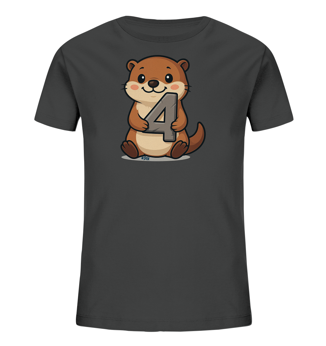Onlineshop Shirts fuer Kinder - Das Bild zeigt ein dunkelgraues T-Shirt fuer Kinder mit einer niedlichen Illustration auf der Vorderseite. Ein cartoonhafter brauner Otter sitzt aufrecht und haelt die grosse Zahl '4' in seinen Pfoten. Der Otter hat ein freundliches Laecheln und rote Wangen, was dem Design einen verspielten Charakter verleiht.