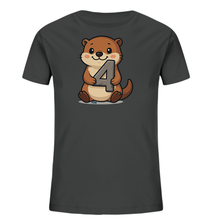 Onlineshop Shirts fuer Kinder - Das Bild zeigt ein dunkelgraues T-Shirt fuer Kinder mit einer niedlichen Illustration auf der Vorderseite. Ein cartoonhafter brauner Otter sitzt aufrecht und haelt die grosse Zahl '4' in seinen Pfoten. Der Otter hat ein freundliches Laecheln und rote Wangen, was dem Design einen verspielten Charakter verleiht.