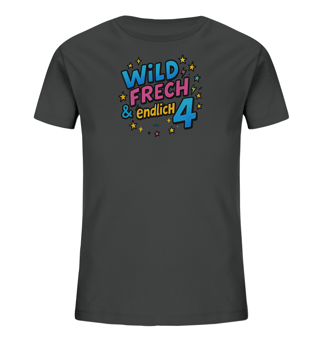 Onlineshop Shirts fuer Kinder - Das Bild zeigt ein dunkelgraues Kinder-T-Shirt mit einem farbenfrohen Aufdruck. Das Motiv besteht aus den Woertern "WILD FRECH & endlich" und einer grossen "4". Sterne und Blitze in verschiedenen Farben umgeben den Schriftzug. Das Design ist lebhaft und ideal fuer einen Geburtstag.