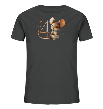 Onlineshop Shirts fuer Kinder - Das Bild zeigt ein dunkelgraues T-Shirt mit einem charmanten Motiv fuer Kinder. Auf der Vorderseite ist eine niedliche, cartoonhafte Maus in braun-weissen Toenen abgebildet. Neben der Maus prangt die grosse, stilisierte Zahl '4' in einem goldenen Farbton, deren Schweif sich kunstvoll windet. Ein kleiner Schmetterling ergaenzt das verspielte Design.
