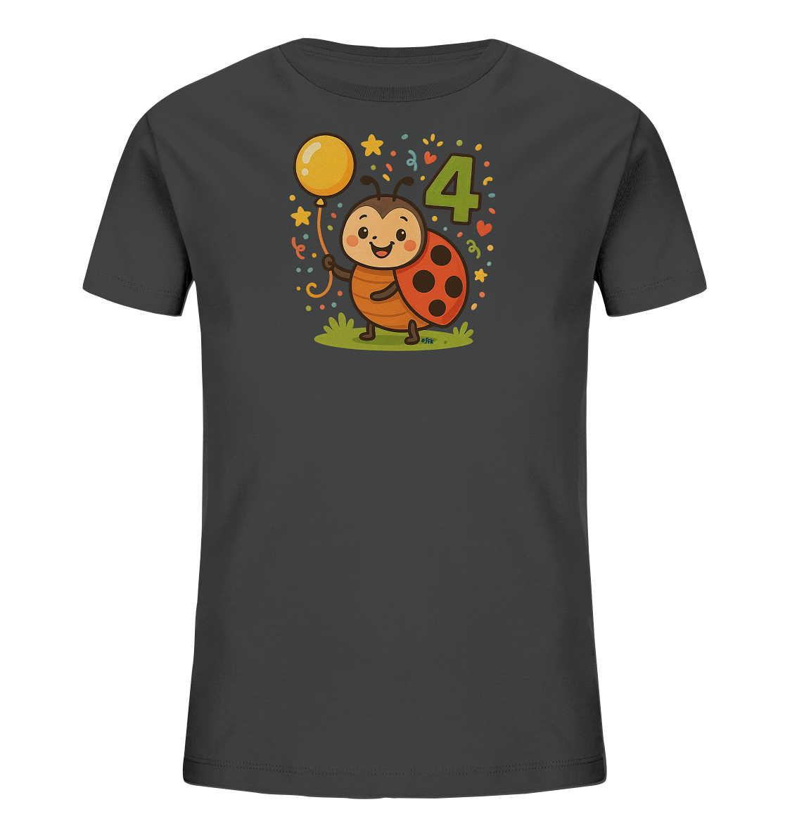 Onlineshop Shirts fuer Kinder - Das Bild zeigt ein anthrazitfarbenes Kinder-T-Shirt mit einem farbenfrohen Aufdruck auf der Vorderseite. Eine laechelnde Comic-Marienkaeferfigur haelt einen gelben Ballon fest. Daneben ist die gruene Zahl '4' abgebildet. Das Motiv wird von Sternen, Herzen und Konfetti umrahmt, was dem Design einen festlichen Charakter verleiht.