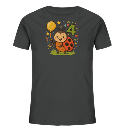 Onlineshop Shirts fuer Kinder - Das Bild zeigt ein anthrazitfarbenes Kinder-T-Shirt mit einem farbenfrohen Aufdruck auf der Vorderseite. Eine laechelnde Comic-Marienkaeferfigur haelt einen gelben Ballon fest. Daneben ist die gruene Zahl '4' abgebildet. Das Motiv wird von Sternen, Herzen und Konfetti umrahmt, was dem Design einen festlichen Charakter verleiht.