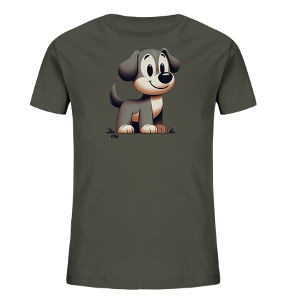 Onlineshop Shirts fuer Kinder - Das Bild zeigt ein dunkelgraues Kinder-T-Shirt mit einem Comic-Motiv auf der Vorderseite. Darauf ist ein sitzender, freundlich blickender Welpe mit grossen Augen und Schlappohren abgebildet. Der Hund hat graues Fell mit helleren Akzenten und sitzt auf einer angedeuteten gruenen Flaeche. Das Design wirkt verspielt und kinderfreundlich.