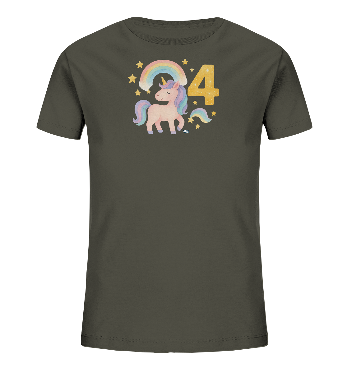 Onlineshop Shirts fuer Kinder - Das Bild zeigt ein dunkelgruenes Kinder-T-Shirt mit einem farbenfrohen Aufdruck. Im Mittelpunkt steht ein niedliches Einhorn mit Regenbogenmaehne unter einem Regenbogen. Daneben ist die goldgelbe Zahl '4' platziert, umrahmt von funkelnden Sternen. Das gesamte Design ist verspielt und ansprechend fuer junge Einhorn-Fans.