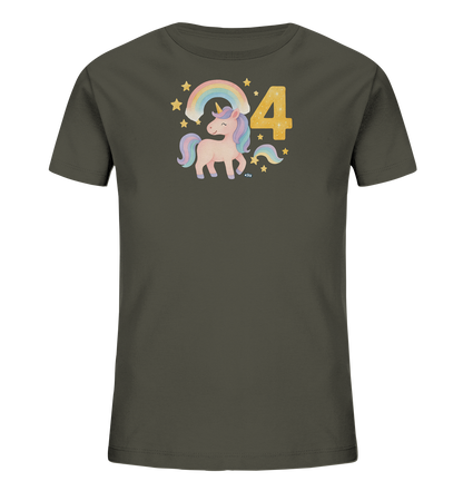 Onlineshop Shirts fuer Kinder - Das Bild zeigt ein dunkelgruenes Kinder-T-Shirt mit einem farbenfrohen Aufdruck. Im Mittelpunkt steht ein niedliches Einhorn mit Regenbogenmaehne unter einem Regenbogen. Daneben ist die goldgelbe Zahl '4' platziert, umrahmt von funkelnden Sternen. Das gesamte Design ist verspielt und ansprechend fuer junge Einhorn-Fans.