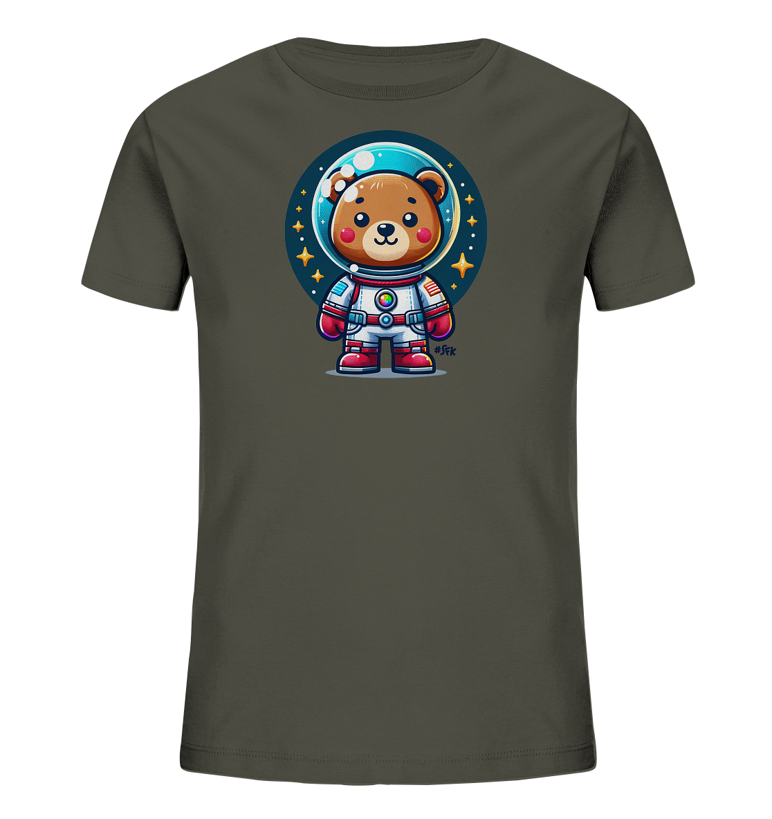 Onlineshop Shirts fuer Kinder - Auf einem dunkelgrauen Kinder-T-Shirt ist eine Illustration abgebildet. Das Motiv zeigt einen niedlichen Comic-Baeren in einem weissen Astronautenanzug. Er steht vor einem blauen Kreis mit Sternen, der den Weltraum symbolisiert. Das Design hat einen verspielten Stil.