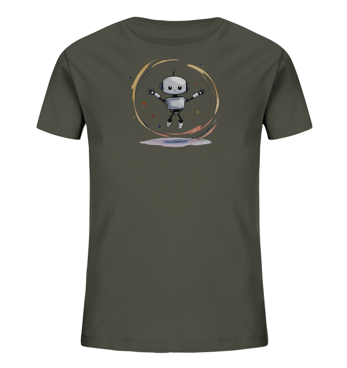 Onlineshop Shirts für Kinder - Das Bild zeigt ein Kinder-T-Shirt in einem dunklen Olivgrün. Auf der Vorderseite befindet sich eine comicartige Illustration eines kleinen Roboters. Der graue Roboter mit runden Augen und einem Lächeln springt oder schwebt mit ausgestreckten Armen. Um ihn herum ist ein farbiger, wirbelnder Kreis mit kleinen Farbspritzern dargestellt, was dem Design eine dynamische und fröhliche Note verleiht.