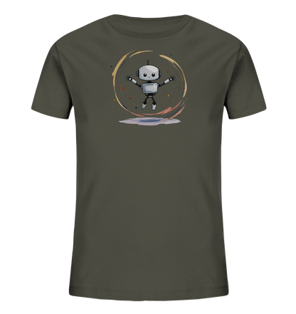 Onlineshop Shirts für Kinder - Das Bild zeigt ein Kinder-T-Shirt in einem dunklen Olivgrün. Auf der Vorderseite befindet sich eine comicartige Illustration eines kleinen Roboters. Der graue Roboter mit runden Augen und einem Lächeln springt oder schwebt mit ausgestreckten Armen. Um ihn herum ist ein farbiger, wirbelnder Kreis mit kleinen Farbspritzern dargestellt, was dem Design eine dynamische und fröhliche Note verleiht.