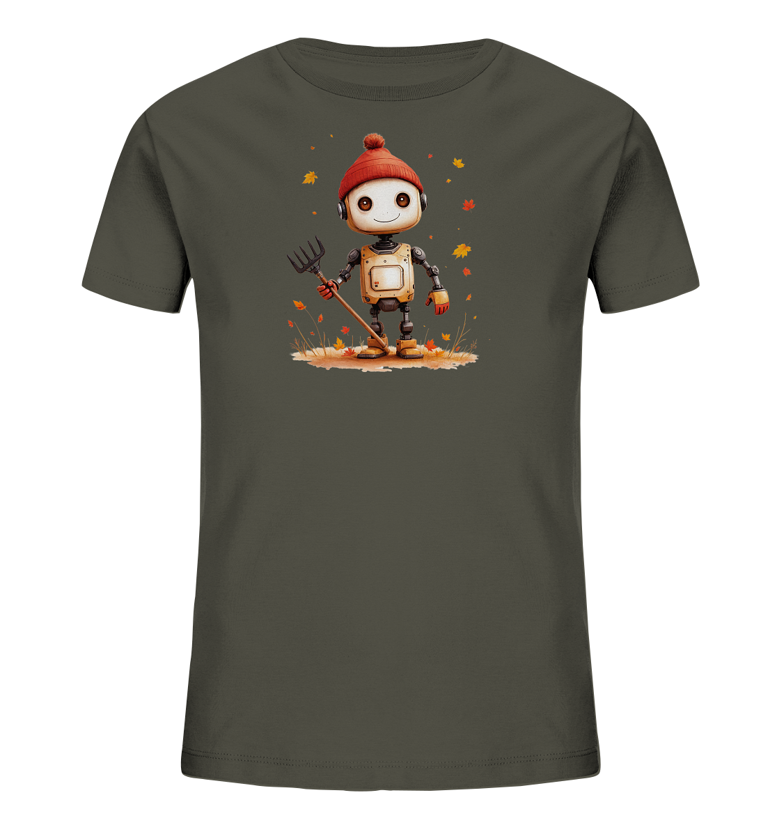 Onlineshop Shirts für Kinder - Das Bild zeigt ein dunkelgrünes Kinder T-Shirt mit einem grafischen Druck auf der Vorderseite. Der Druck stellt einen freundlichen, cartoonhaften Roboter dar, der eine rote Pudelmütze trägt und einen Rechen hält. Der Roboter steht inmitten von braun-roten Herbstblättern, was dem Motiv eine saisonale Note verleiht. Die gesamte Darstellung ist in einem ansprechenden und kinderfreundlichen Stil gehalten, der das Thema Herbst aufgreift.
