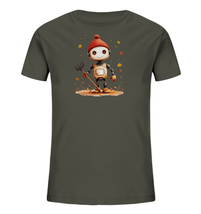Onlineshop Shirts für Kinder - Das Bild zeigt ein dunkelgrünes Kinder T-Shirt mit einem grafischen Druck auf der Vorderseite. Der Druck stellt einen freundlichen, cartoonhaften Roboter dar, der eine rote Pudelmütze trägt und einen Rechen hält. Der Roboter steht inmitten von braun-roten Herbstblättern, was dem Motiv eine saisonale Note verleiht. Die gesamte Darstellung ist in einem ansprechenden und kinderfreundlichen Stil gehalten, der das Thema Herbst aufgreift.