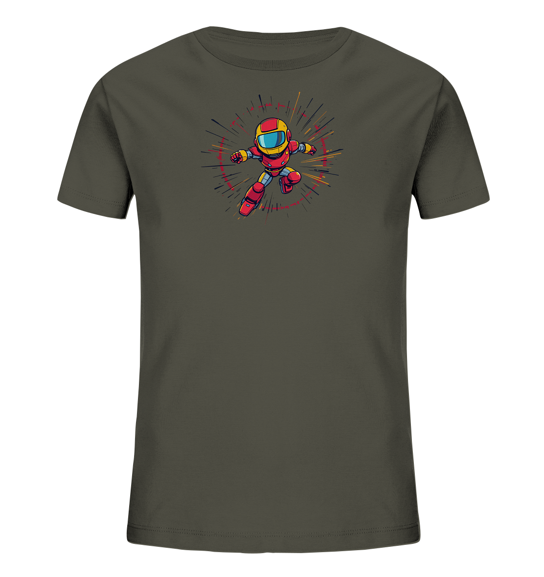 Onlineshop Shirts für Kinder - Das Bild zeigt ein T-Shirt in einem dunklen, erdigen Farbton, das für Kinder gedacht ist. Auf der Vorderseite befindet sich eine dynamische Illustration eines kleinen Charakters, der eine rote Rüstung oder einen Anzug mit gelbem Helm trägt. Die Figur scheint zu rennen oder zu springen, umgeben von einem stilisierten Burst-Effekt aus farbigen Linien in Rot, Gelb, Blau und Grau. Das Design im Comic-Stil verleiht dem Shirt einen energiegeladenen und abenteuerlichen Look.