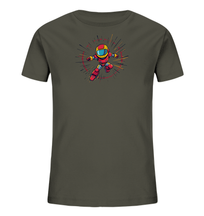 Onlineshop Shirts für Kinder - Das Bild zeigt ein T-Shirt in einem dunklen, erdigen Farbton, das für Kinder gedacht ist. Auf der Vorderseite befindet sich eine dynamische Illustration eines kleinen Charakters, der eine rote Rüstung oder einen Anzug mit gelbem Helm trägt. Die Figur scheint zu rennen oder zu springen, umgeben von einem stilisierten Burst-Effekt aus farbigen Linien in Rot, Gelb, Blau und Grau. Das Design im Comic-Stil verleiht dem Shirt einen energiegeladenen und abenteuerlichen Look.