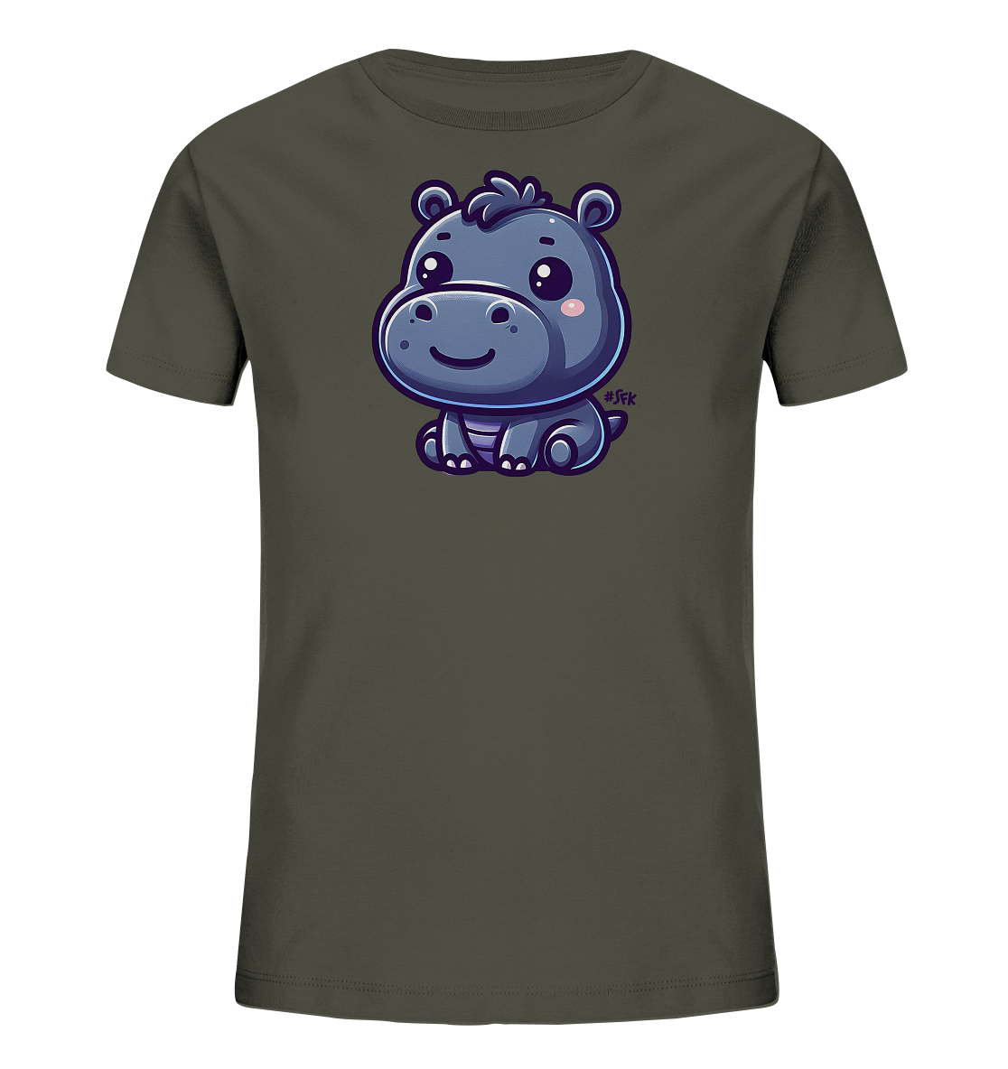 Onlineshop Shirts fuer Kinder - Dieses Bild zeigt ein dunkelgraues Kinder-T-Shirt. Auf der Vorderseite befindet sich eine detailreiche Illustration eines suessen, blau-grauen Nilpferds. Das Nilpferd sitzt, hat grosse Augen, rosa Wangen und ein freundliches Laecheln. Die Grafik ist farbenfroh und verspielt gestaltet.