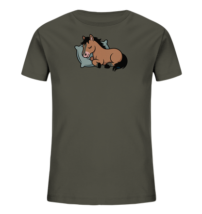 Schlafendes braunes Pferd auf hellem Kissen – Kinder-T-Shirt