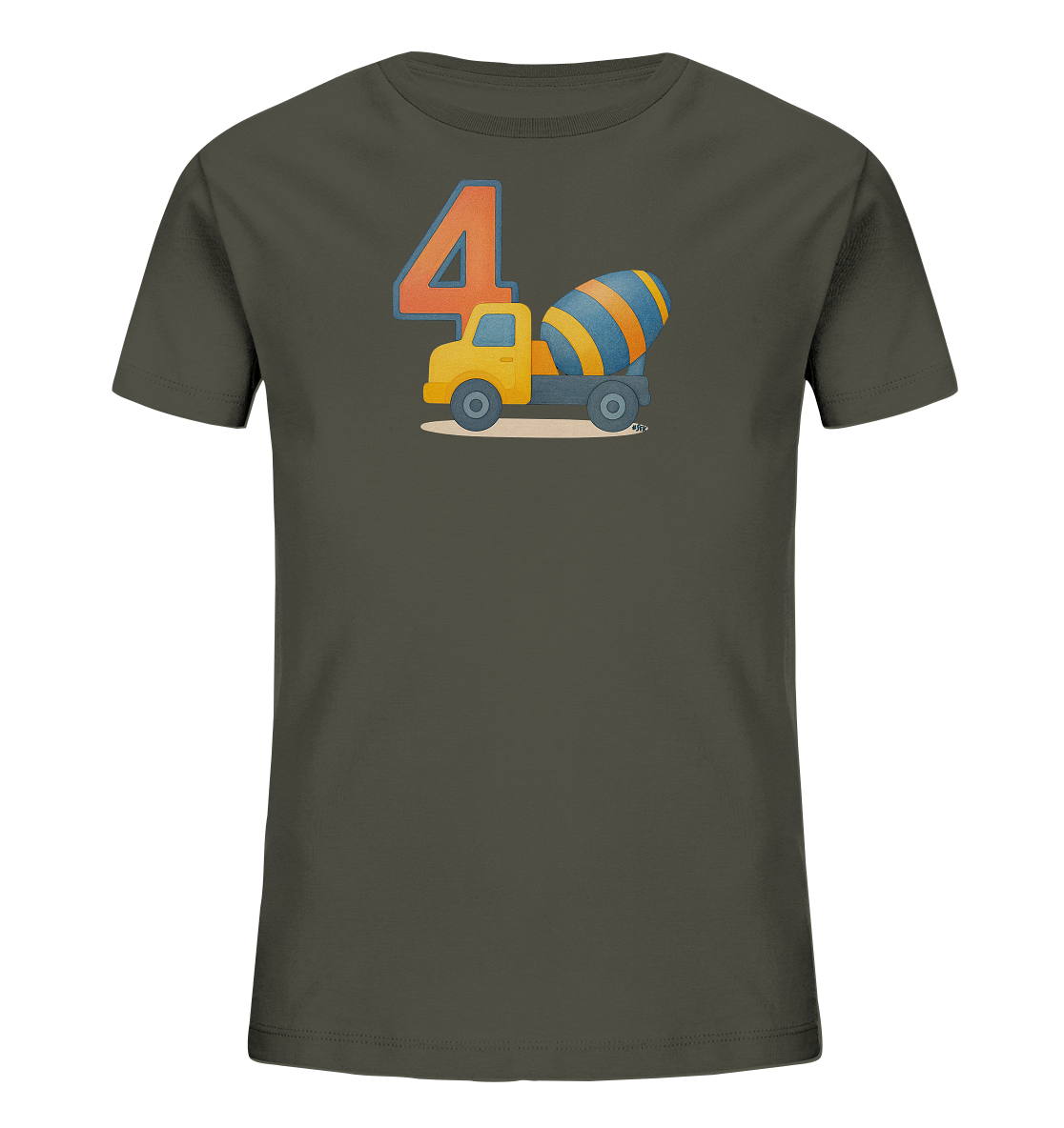 Onlineshop Shirts fuer Kinder - Das Bild zeigt ein dunkelgraues Kinder-T-Shirt mit einem grossen Druck auf der Vorderseite. Dieser Druck besteht aus der orangen Zahl '4' und einem daneben positionierten, gelben Spielzeug-Zementmischer mit einer blau-orange gestreiften Mischtrommel. Das Motiv ist im Comic-Stil gehalten und auf einem hellbraunen Untergrund dargestellt.