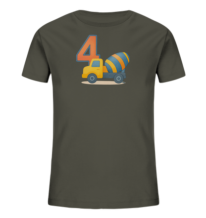 Onlineshop Shirts fuer Kinder - Das Bild zeigt ein dunkelgraues Kinder-T-Shirt mit einem grossen Druck auf der Vorderseite. Dieser Druck besteht aus der orangen Zahl '4' und einem daneben positionierten, gelben Spielzeug-Zementmischer mit einer blau-orange gestreiften Mischtrommel. Das Motiv ist im Comic-Stil gehalten und auf einem hellbraunen Untergrund dargestellt.