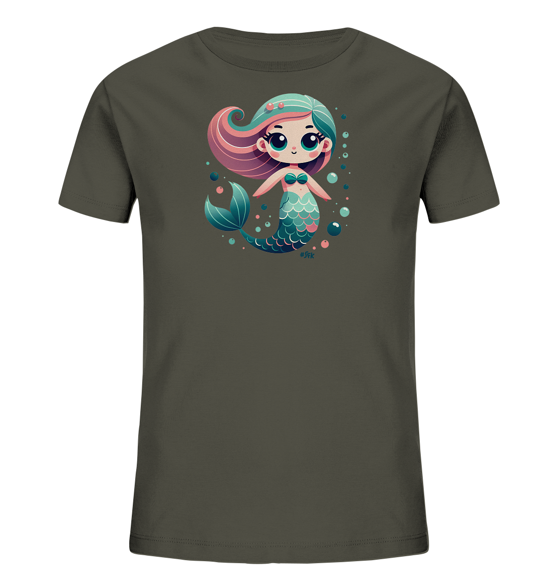Onlineshop Shirts fuer Kinder - Das Bild zeigt ein dunkelgraues Kinder-T-Shirt mit einem farbenfrohen Meerjungfrauen-Motiv. Die niedliche, cartoonhafte Meerjungfrau hat langes, gewelltes Haar in Rosa- und Tuerkistoenen und einen schillernden, tuerkisen Schwanz. Um sie herum schweben Blasen in verschiedenen Groessen und Farben. Das Design ist verspielt und maritim gestaltet.