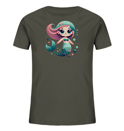 Onlineshop Shirts fuer Kinder - Das Bild zeigt ein dunkelgraues Kinder-T-Shirt mit einem farbenfrohen Meerjungfrauen-Motiv. Die niedliche, cartoonhafte Meerjungfrau hat langes, gewelltes Haar in Rosa- und Tuerkistoenen und einen schillernden, tuerkisen Schwanz. Um sie herum schweben Blasen in verschiedenen Groessen und Farben. Das Design ist verspielt und maritim gestaltet.