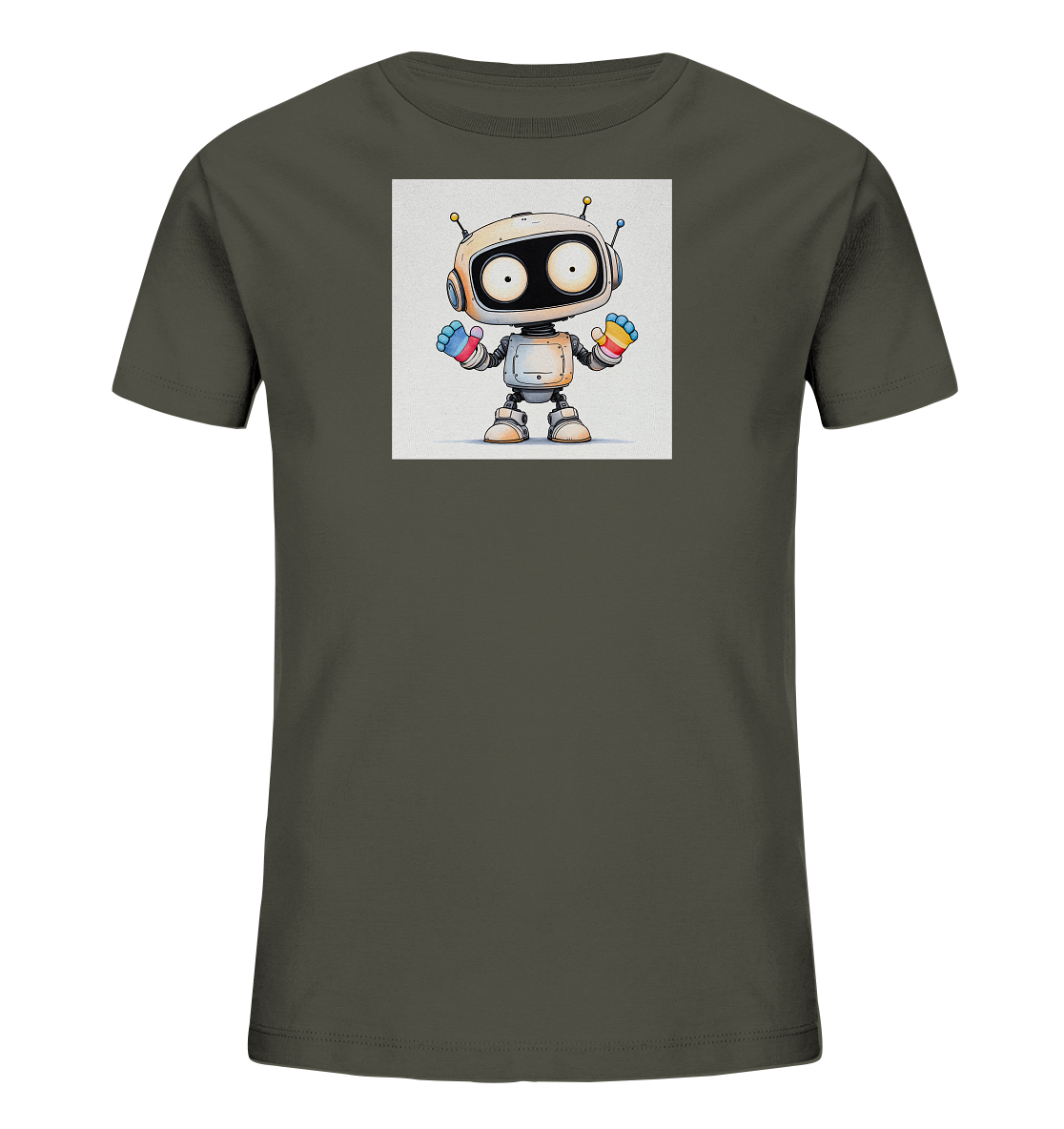 Onlineshop Shirts für Kinder - Das Bild zeigt ein dunkelgraues T-Shirt für Kinder, bedruckt mit einem quadratischen Motiv in der Mitte. Auf dem Druck ist ein freundlich aussehender Cartoon-Roboter in weißer Farbe abgebildet. Der Roboter hat große Augen, Antennen und trägt bunte Handschuhe mit regenbogenähnlichen Streifen. Die Illustration wirkt verspielt und farbenfroh, passend für Kinder.