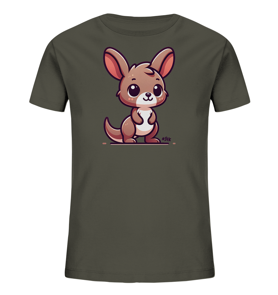 Onlineshop Shirts fuer Kinder - Das Bild zeigt ein dunkelgruenes T-Shirt mit einer niedlichen Cartoon-Illustration eines Kaengurus auf der Vorderseite. Das Kaenguru ist braun und beige dargestellt, hat grosse Augen und steht aufrecht. Die Grafik ist im verspielten Cartoon-Stil gehalten, was dem Shirt einen froehlichen Charakter verleiht. Dieses Design eignet sich gut fuer Kinder.