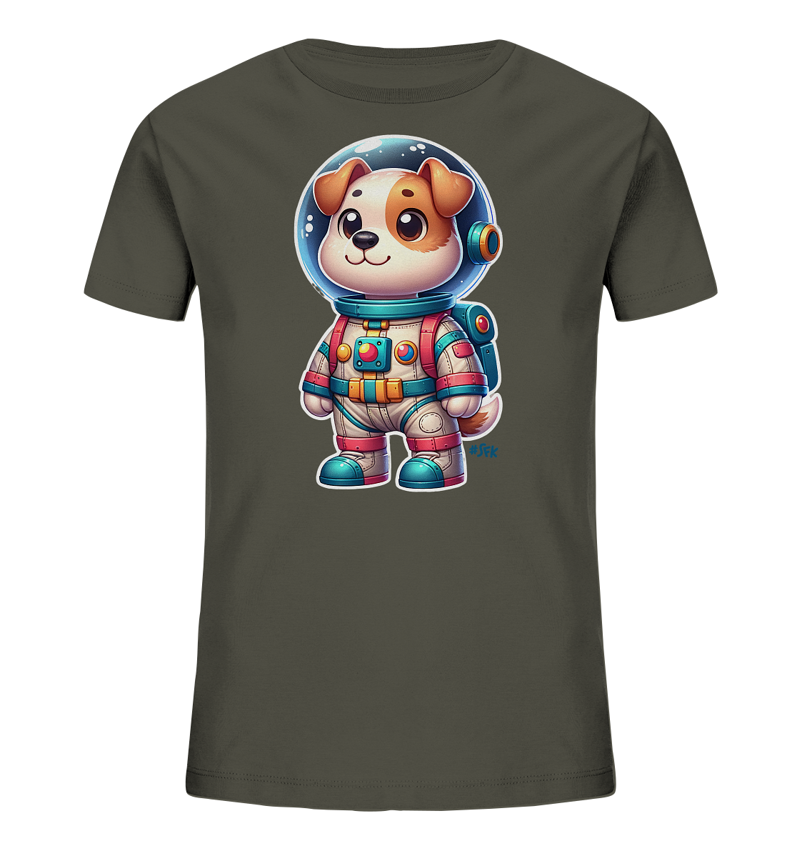Onlineshop Shirts fuer Kinder - Das Bild zeigt ein dunkelgraues T-Shirt mit einem niedlichen Astronauten-Motiv. Dargestellt ist ein Cartoon-Hund in einem detaillierten Raumfahreranzug mit Helm. Der Anzug ist in leuchtenden Farben wie Weiss, Rot, Blau und Orange gestaltet. Die Illustration verleiht dem Shirt einen verspielten und abenteuerlichen Look fuer Kinder.