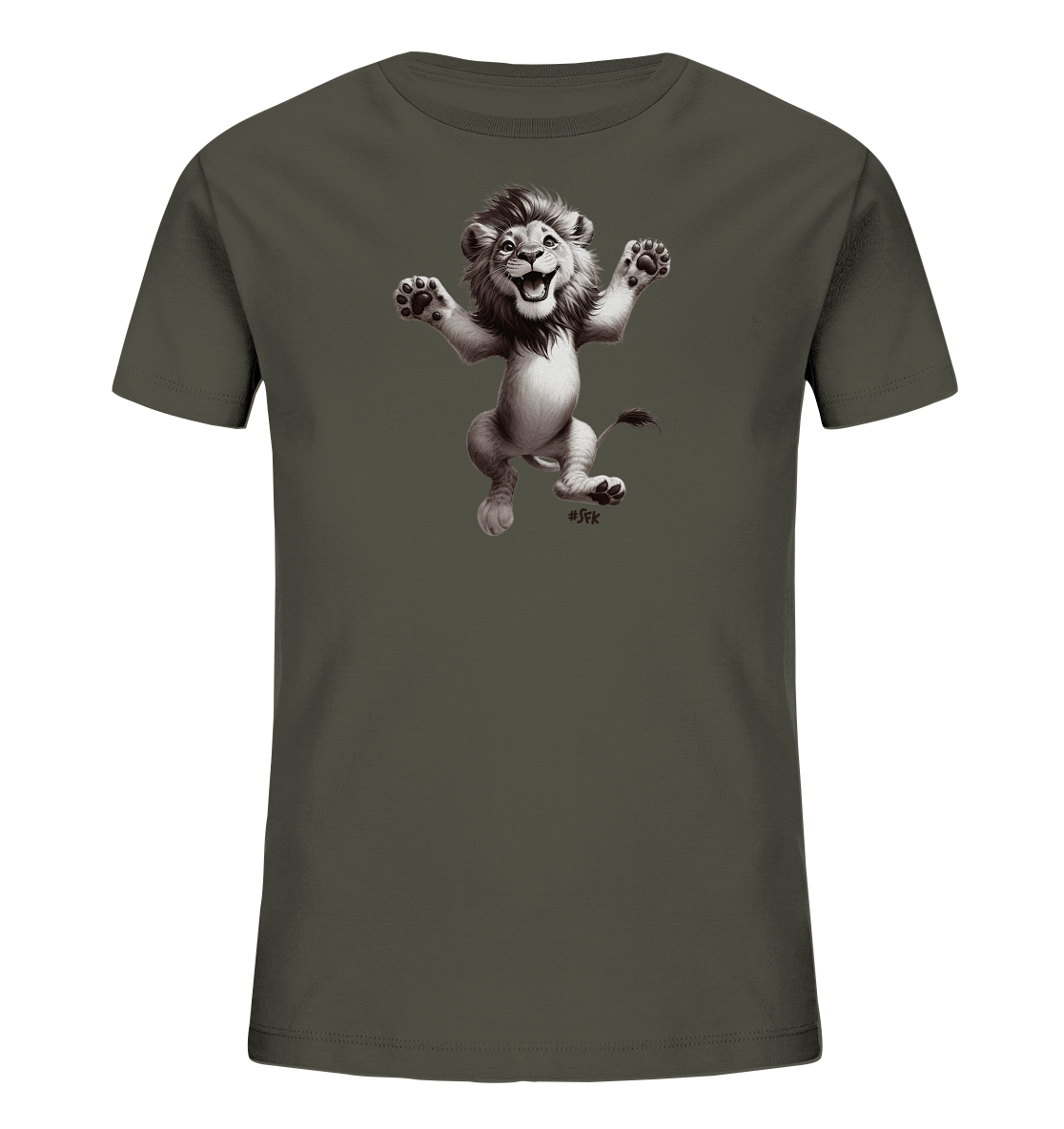 Onlineshop Shirts fuer Kinder - Das Bild zeigt ein dunkelgraues T-Shirt fuer Kinder. Auf der Vorderseite ist eine Illustration eines jungen Loewen abgebildet, der froehlich springt. Der Loewe hat die Arme und Beine ausgestreckt und ein breites Laecheln. Dieses Motiv verleiht dem Shirt einen lustigen und lebhaften Charakter.