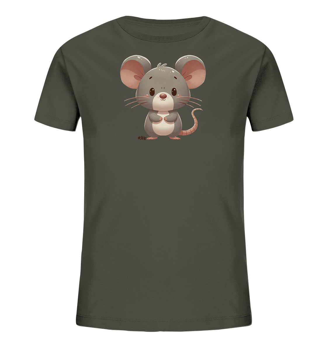 Onlineshop Shirts für Kinder - Das Bild zeigt ein Kindert-Shirt in einem dunklen, gedämpften Farbton, das auf einem schwarzen Hintergrund präsentiert wird. Auf der Vorderseite des Shirts ist eine niedliche, cartoonhafte Maus abgebildet. Die Maus ist grau mit rosafarbenen Ohren, Nase und Schwanz, hat große, ausdrucksstarke Augen und hält ihre Pfoten vor sich. Das Design wirkt freundlich und verspielt und eignet sich gut für Kinderbekleidung.