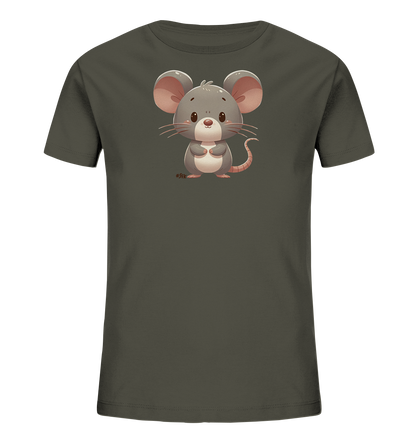 Onlineshop Shirts für Kinder - Das Bild zeigt ein Kindert-Shirt in einem dunklen, gedämpften Farbton, das auf einem schwarzen Hintergrund präsentiert wird. Auf der Vorderseite des Shirts ist eine niedliche, cartoonhafte Maus abgebildet. Die Maus ist grau mit rosafarbenen Ohren, Nase und Schwanz, hat große, ausdrucksstarke Augen und hält ihre Pfoten vor sich. Das Design wirkt freundlich und verspielt und eignet sich gut für Kinderbekleidung.