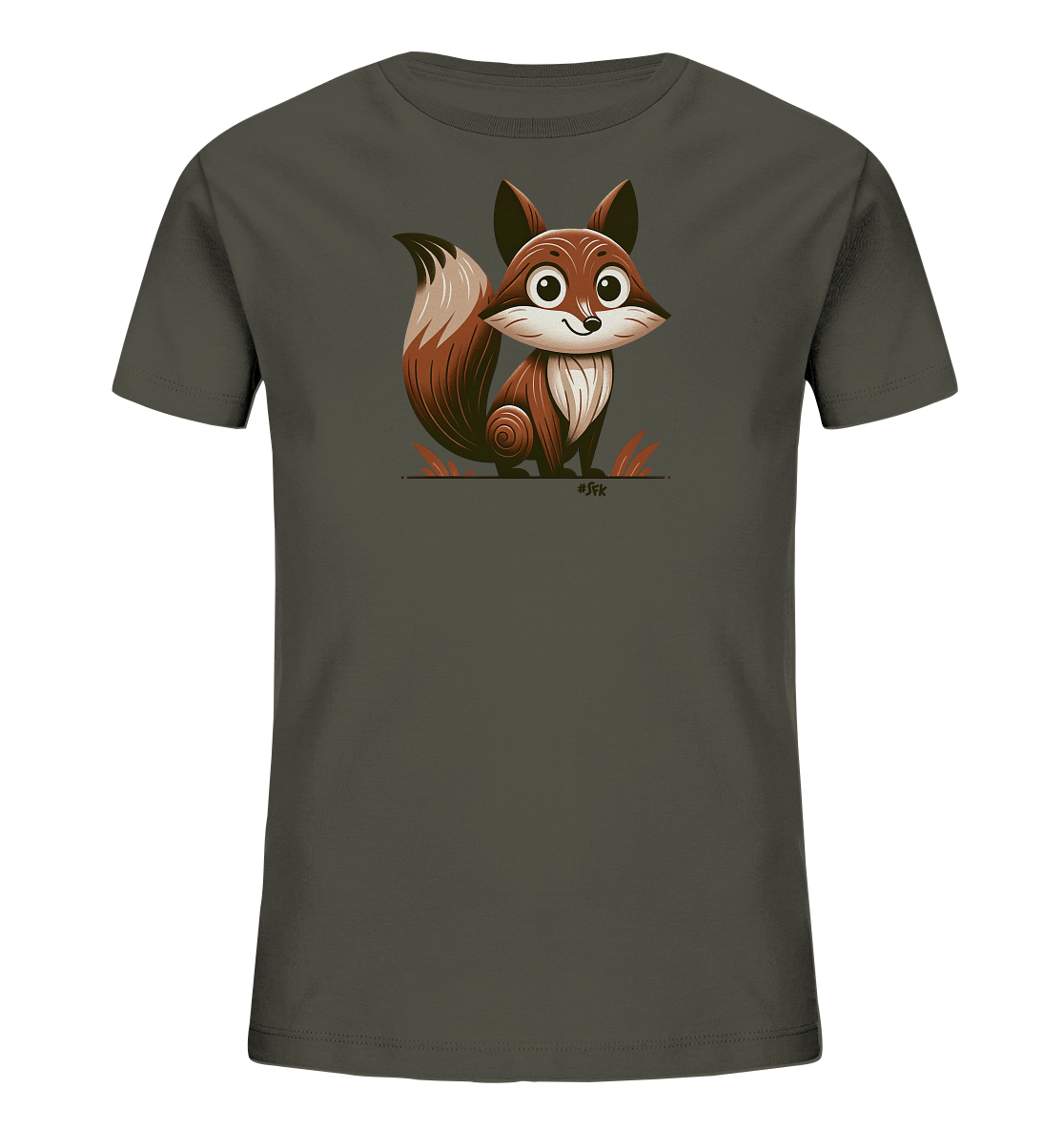 Onlineshop Shirts fuer Kinder - Das Bild zeigt ein dunkelgraues T-Shirt fuer Kinder. Auf der Vorderseite ist ein niedlicher, cartoonhafter Fuchs mit grossen Augen und buschigem Schwanz abgebildet. Das Motiv ist in Brauntoenen gehalten und wird von stilisierten Grashalmen umrahmt. Es ist ein freundliches und ansprechendes Design.