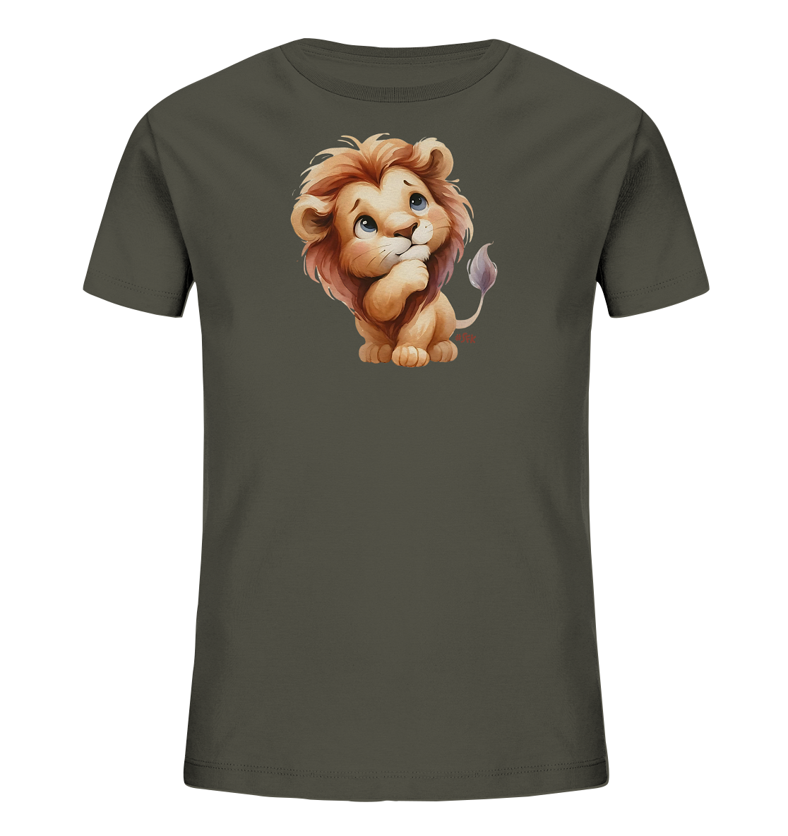 Kinder T-Shirt mit nachdenklichem Cartoon-Löwen und großen blauen Augen