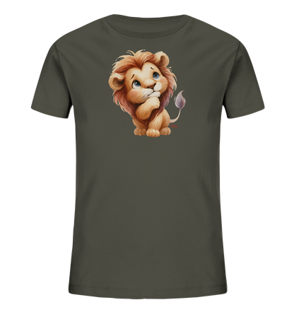 Kinder T-Shirt mit nachdenklichem Cartoon-Löwen und großen blauen Augen