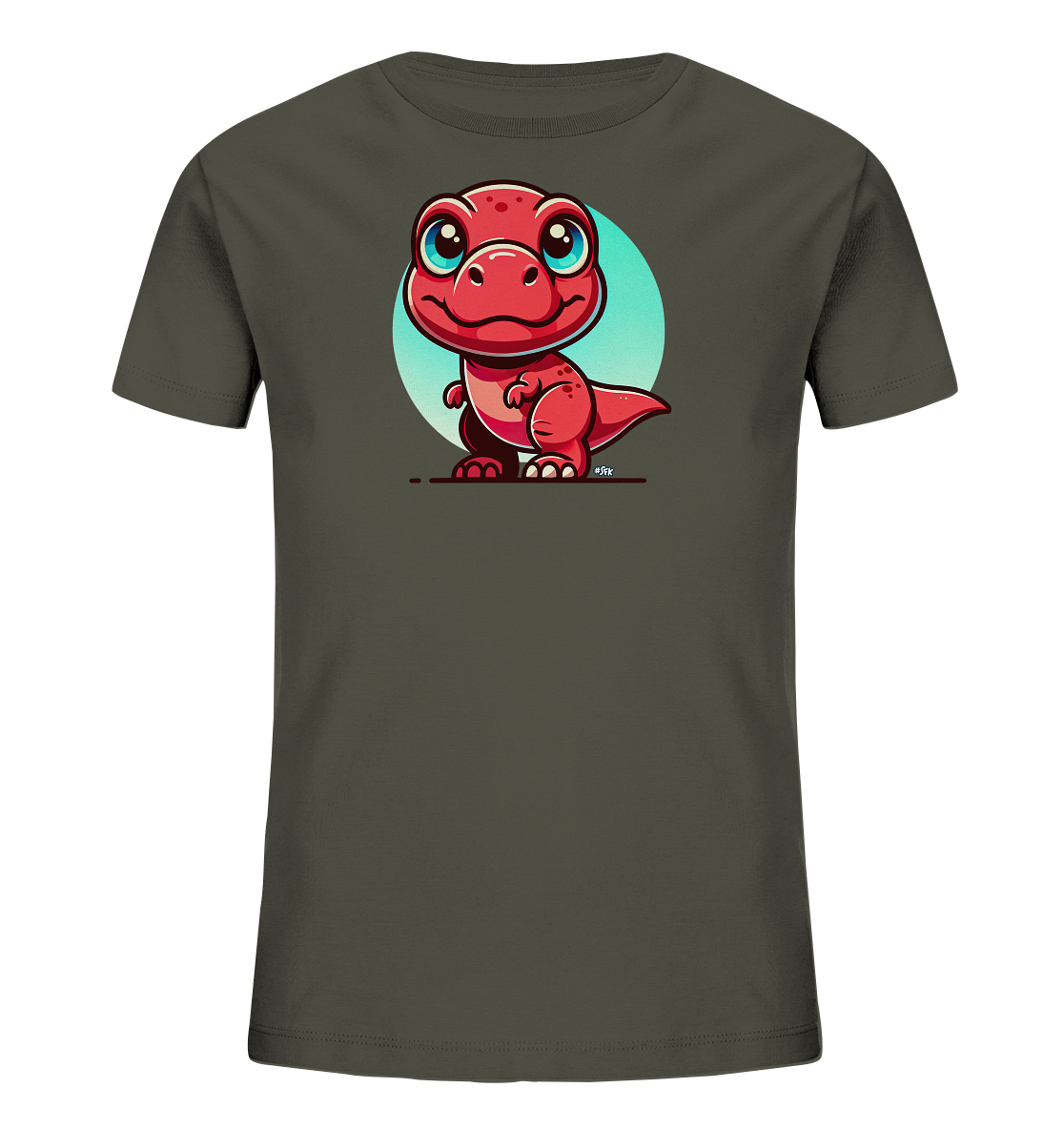 Onlineshop Shirts für Kinder - Das Bild zeigt ein dunkelgraues Kinder-T-Shirt auf einem schlichten Hintergrund. Auf der Vorderseite ist eine farbenfrohe Illustration eines kleinen, roten Dinosauriers zu sehen. Der Dinosaurier hat große, leuchtend blaue Augen, ein breites Lächeln und steht auf zwei Beinen vor einem hellblauen, kreisförmigen Hintergrund. Das Design wirkt fröhlich und verspielt und ist ideal für junge Dinosaurier-Fans.