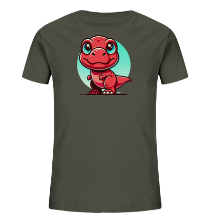 Onlineshop Shirts für Kinder - Das Bild zeigt ein dunkelgraues Kinder-T-Shirt auf einem schlichten Hintergrund. Auf der Vorderseite ist eine farbenfrohe Illustration eines kleinen, roten Dinosauriers zu sehen. Der Dinosaurier hat große, leuchtend blaue Augen, ein breites Lächeln und steht auf zwei Beinen vor einem hellblauen, kreisförmigen Hintergrund. Das Design wirkt fröhlich und verspielt und ist ideal für junge Dinosaurier-Fans.