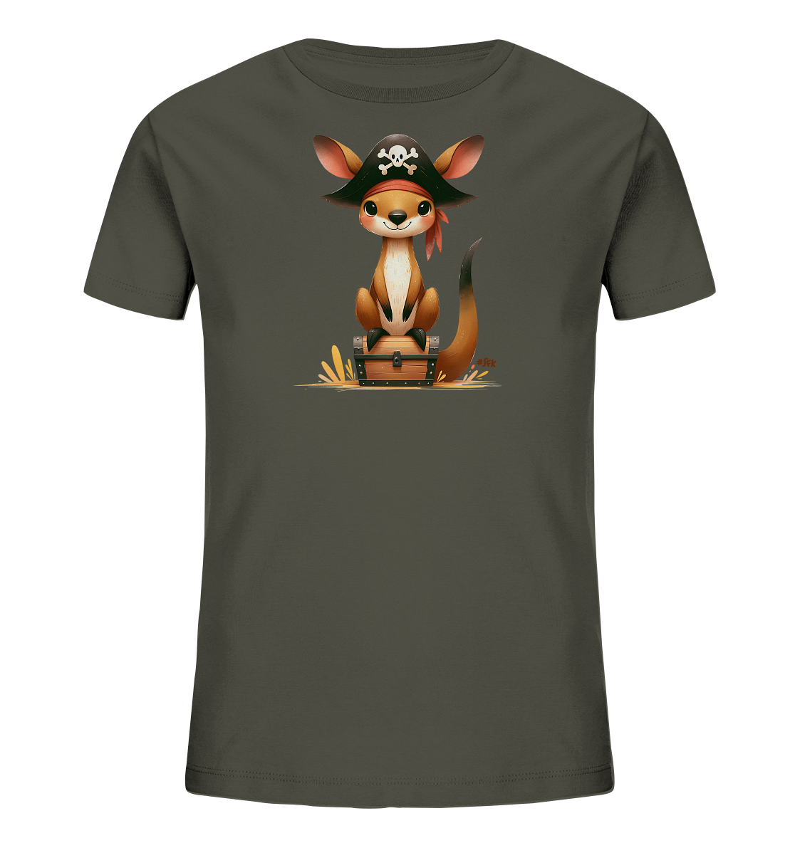 Onlineshop Shirts fuer Kinder - Das Bild zeigt ein dunkelgraues T-Shirt fuer Kinder mit einem Piraten-Motiv. Darauf ist ein niedliches Beuteltier mit Piratenhut abgebildet, das auf einer Schatztruhe sitzt. Das Tier traegt einen schwarzen Piratenhut mit Totenkopf und ein rotes Kopftuch. Die Illustration ist detailreich und farbenfroh gestaltet, was dem Shirt einen abenteuerlichen Look verleiht.