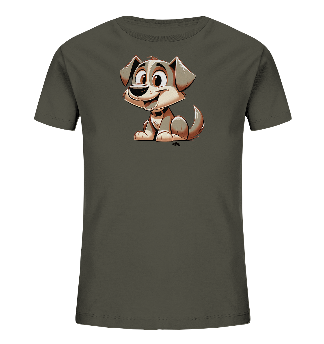 Onlineshop Shirts fuer Kinder - Das Bild zeigt ein dunkelgraues T-Shirt mit einem suessen, stilisierten Cartoon-Hund auf der Vorderseite. Der Hund sitzt in einer freundlichen Pose und laechelt breit mit grossen Augen. Die Illustration ist in Braun- und Beigetoenen gehalten und verleiht dem Shirt einen verspielten Look. Das Design ist schlicht und konzentriert sich auf die froehliche Hundegrafik.