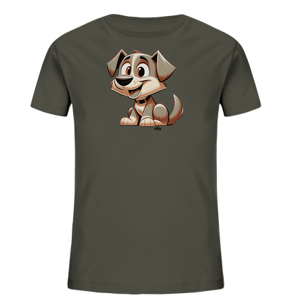 Onlineshop Shirts fuer Kinder - Das Bild zeigt ein dunkelgraues T-Shirt mit einem suessen, stilisierten Cartoon-Hund auf der Vorderseite. Der Hund sitzt in einer freundlichen Pose und laechelt breit mit grossen Augen. Die Illustration ist in Braun- und Beigetoenen gehalten und verleiht dem Shirt einen verspielten Look. Das Design ist schlicht und konzentriert sich auf die froehliche Hundegrafik.