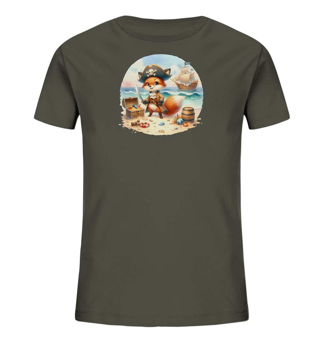 Onlineshop Shirts fuer Kinder - Das Bild zeigt ein dunkelgraues Kinder-T-Shirt mit einer runden Grafik. Die Grafik stellt einen niedlichen Fuchs dar, der als Pirat verkleidet an einem Strand steht. Im Hintergrund sind eine Schatztruhe, ein Fass, Muscheln, das Meer und ein Segelschiff zu sehen. Der Fuchs traegt einen Piratenhut und haelt ein Schwert, was der Szene einen abenteuerlichen Charakter verleiht.