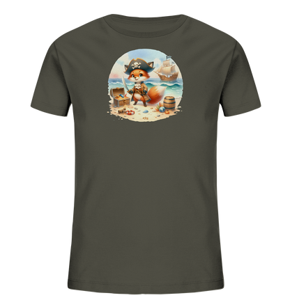 Onlineshop Shirts fuer Kinder - Das Bild zeigt ein dunkelgraues Kinder-T-Shirt mit einer runden Grafik. Die Grafik stellt einen niedlichen Fuchs dar, der als Pirat verkleidet an einem Strand steht. Im Hintergrund sind eine Schatztruhe, ein Fass, Muscheln, das Meer und ein Segelschiff zu sehen. Der Fuchs traegt einen Piratenhut und haelt ein Schwert, was der Szene einen abenteuerlichen Charakter verleiht.