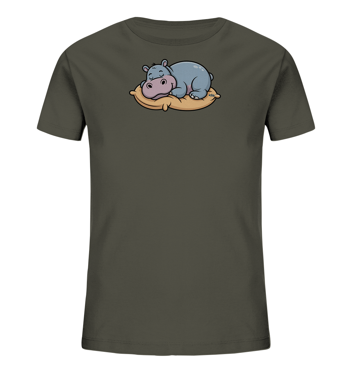 Kinder-T-Shirt mit schlafendem Nilpferd auf einem Kissen.