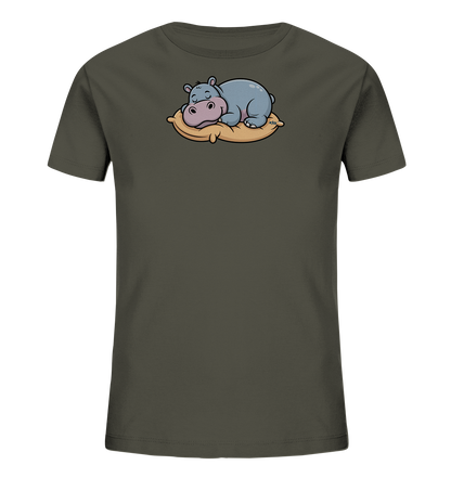 Kinder-T-Shirt mit schlafendem Nilpferd auf einem Kissen.