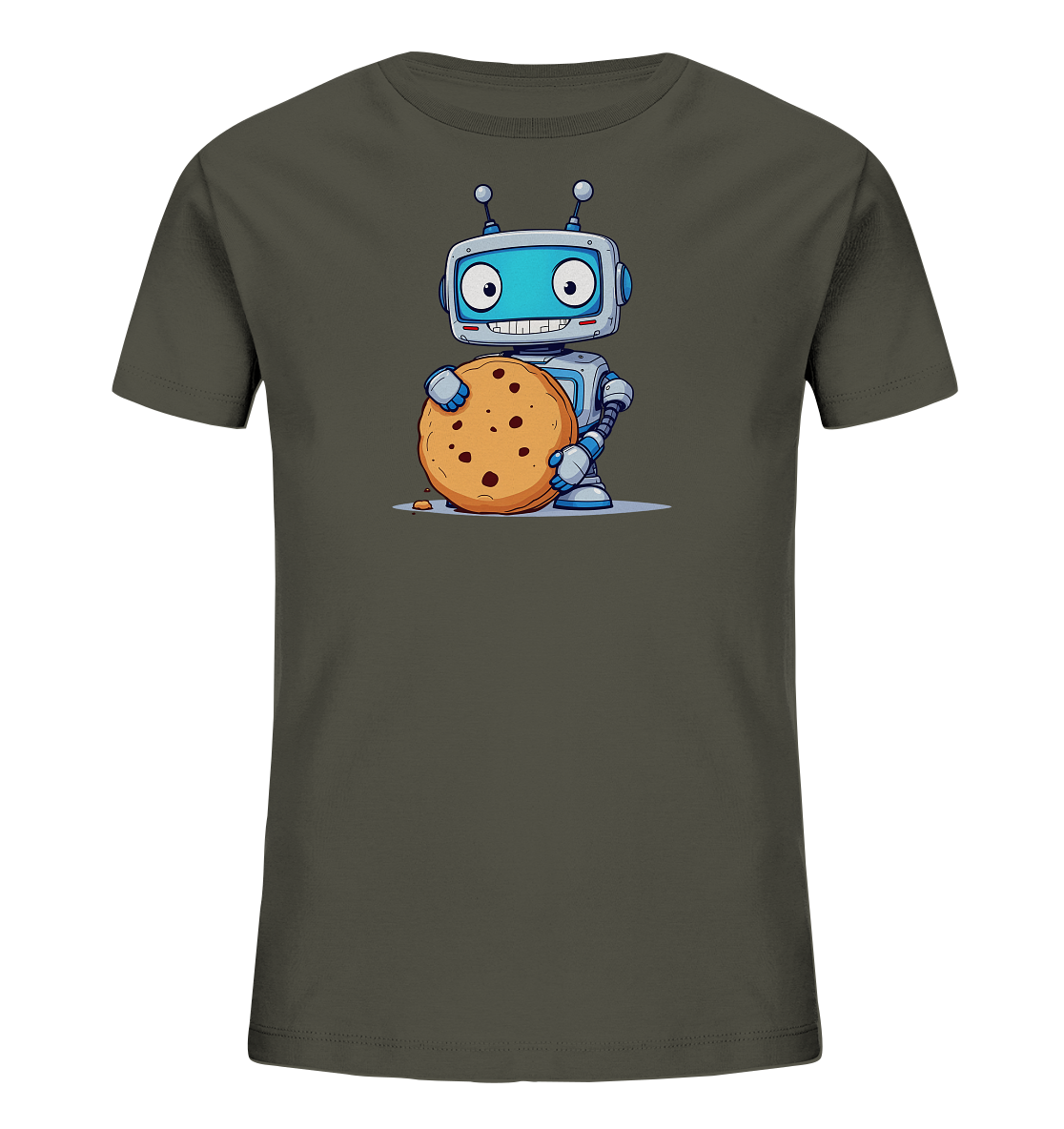Onlineshop Shirts für Kinder - Das Bild zeigt ein dunkelgraues oder dunkelgrünes T-Shirt für Kinder. Auf der Vorderseite des Shirts ist eine bunte Illustration eines freundlichen Roboters abgebildet. Der Roboter ist überwiegend in Blau- und Grautönen gestaltet und hält einen großen, runden Keks mit Schokostückchen in seinen Händen. Eine kleine Keks-Krume liegt auf dem Boden neben den Füßen des Roboters. Die gesamte Darstellung ist im Comic-Stil gehalten und wirkt verspielt.